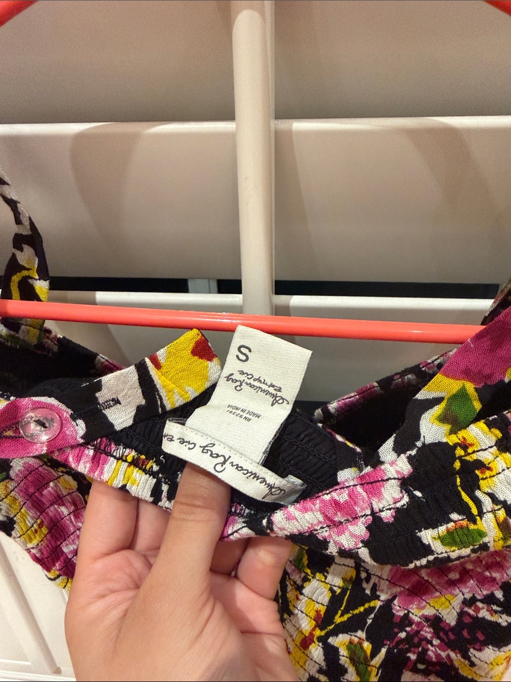 American Rag Pink Floral Smocked Off-Shoulder Crop Top on Black - Picture 3 of 3